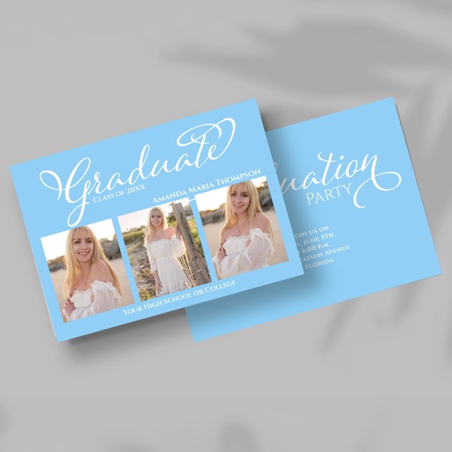 Light Blue Script Photo Collage Graduation Card (Modern light blue multi photo graduation announcement shown on phone preview.)