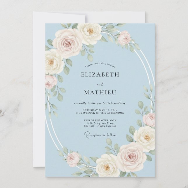 Light Blue Serene Rose Wedding Invitation (Front)