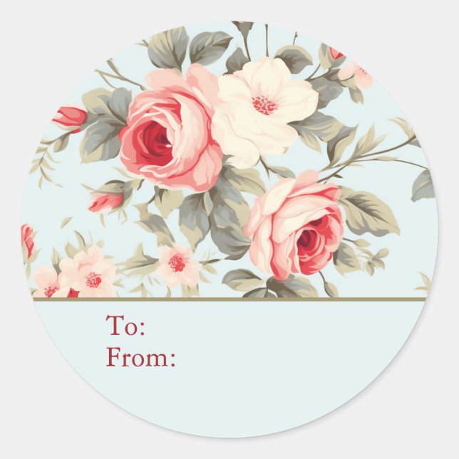Light Blue Shabby Chic Rose Personalized To & From Classic Round Sticker (Front)