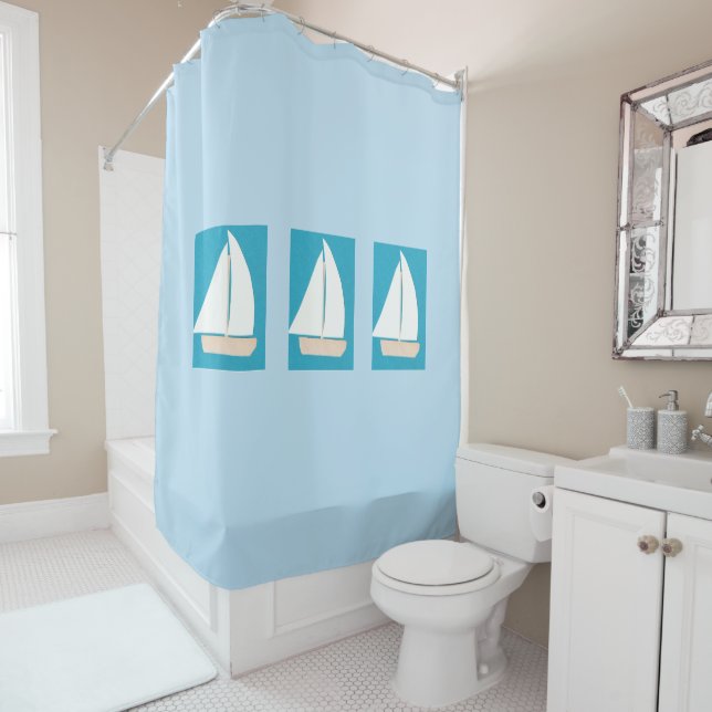 Light Blue Shower Curtain with White Sailboats (In Situ)