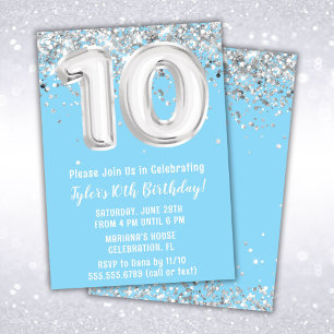 Light Blue Silver 10th Birthday Party Invitation