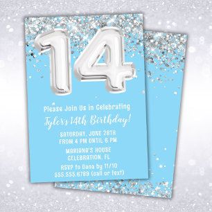Light Blue Silver 14th Birthday Party Invitation