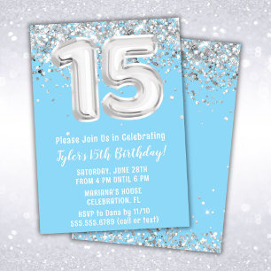 Light Blue Silver 15th Birthday Party Invitation