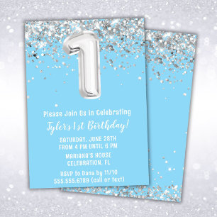 Light Blue Silver 1st Birthday Party Invitation
