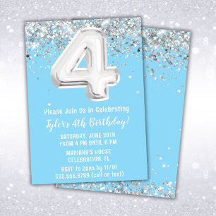 Light Blue Silver 4th Birthday Party Invitation