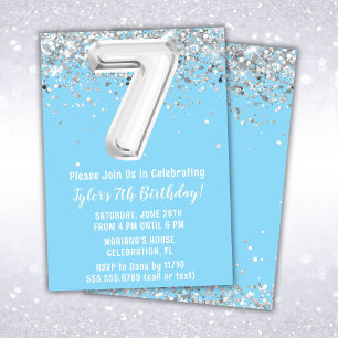 Light Blue Silver 7th Birthday Party Invitation