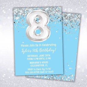 Light Blue Silver 8th Birthday Party Invitation