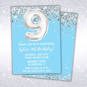 Light Blue Silver 9th Birthday Party Invitation