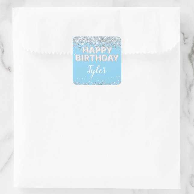 Light Blue Silver Birthday Party Favour Square Sticker (Bag)