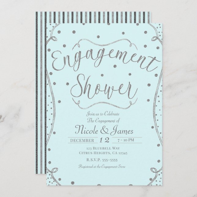 Light Blue & Silver Engagement Shower Invitation (Front/Back)