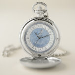Light Blue Silver Glass Shoe Princess Cinderella Pocket Watch<br><div class="desc">Create your own elegant Cinderella pocket watch with a unique, DIY template featuring original artwork by Raphaela Wilson. The fairy tale design depicts a pretty crystal slipper / glass shoe with a whimsical beautiful butterfly and roman numerals for the fancy numbers. Add a personalized name, initials, or monogram and this...</div>