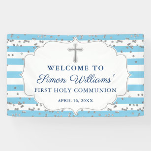 Light Blue Silver Glitter First Holy Communion Banner