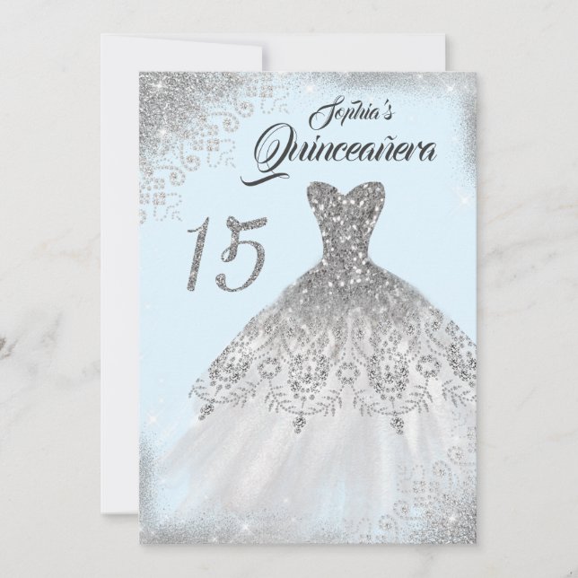 Light Blue Silver Lace Diamond Gown Quinceanera Invitation (Front)