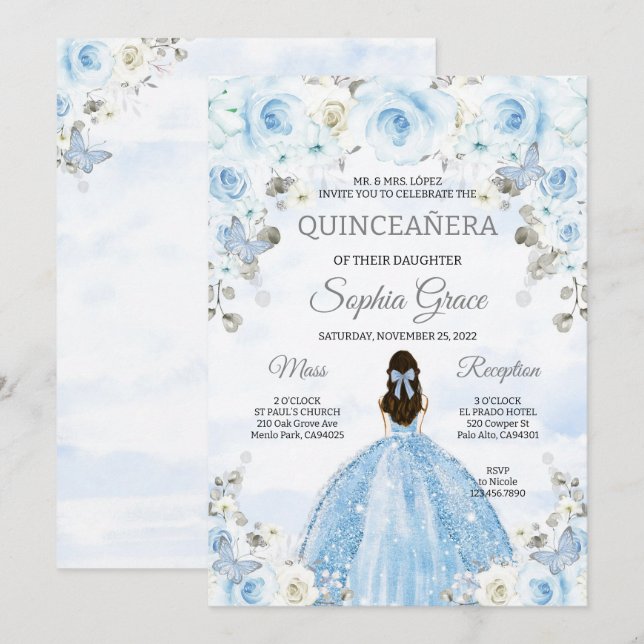 Light Blue Silver Princess Quinceanera Birthday Invitation (Front/Back)