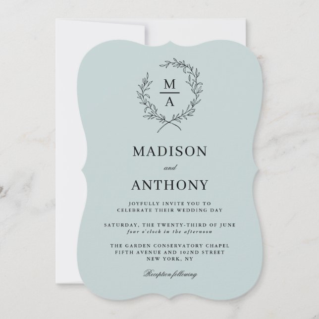 Light Blue Simple Elegant Monogram Wedding Invitation (Front)