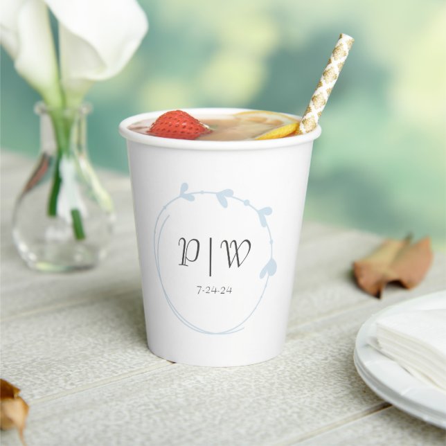 Light Blue Simple Heart Wreath Monogram Wedding Paper Cups (Insitu)