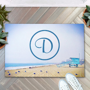 Light blue sky & sandy beach photo custom monogram doormat