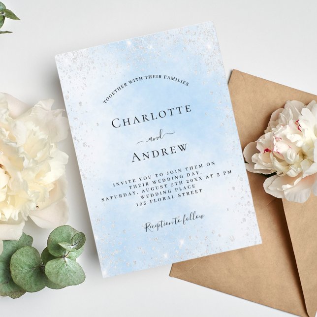 Light blue sky silver glitter luxury wedding invitation (Creator Uploaded)