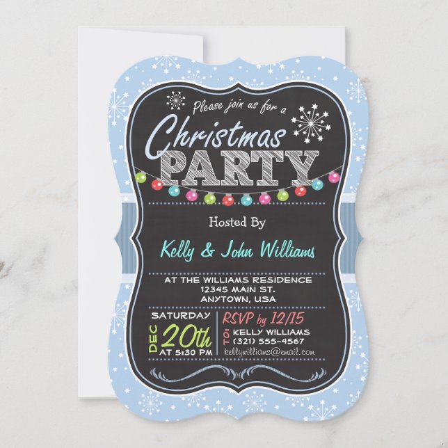 Light Blue Snowflake, Chalk look Christmas Party Invitation (Front)