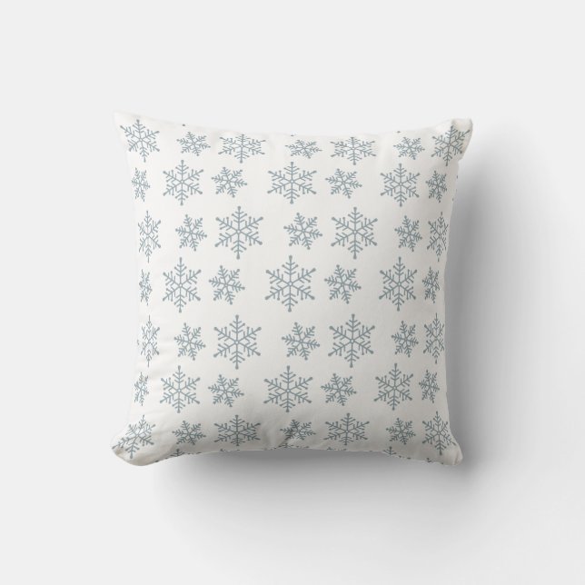 Light Blue Snowflake Pattern on White Throw Pillow (Front)