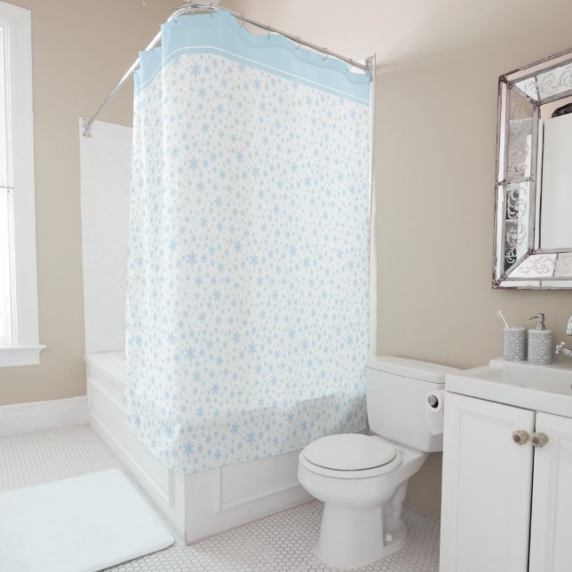 Light Blue Snowflakes on White Shower Curtain (In Situ)