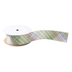 Light Blue Soft Green Blush Pink Plaid Pattern Satin Ribbon