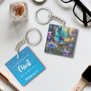 Light Blue Sparkle Philippians 4:13 Verse Flowers Key Ring