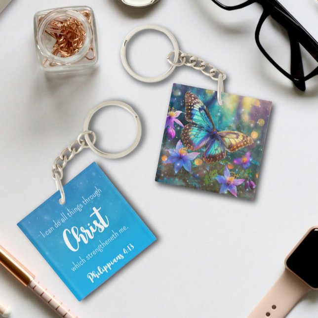 Light Blue Sparkle Philippians 4:13 Verse Flowers Key Ring (Creator Uploaded)