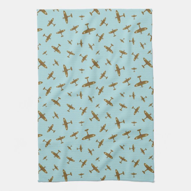 Light Blue Spitfire War Plane Patterned Tea Towel (Vertical)