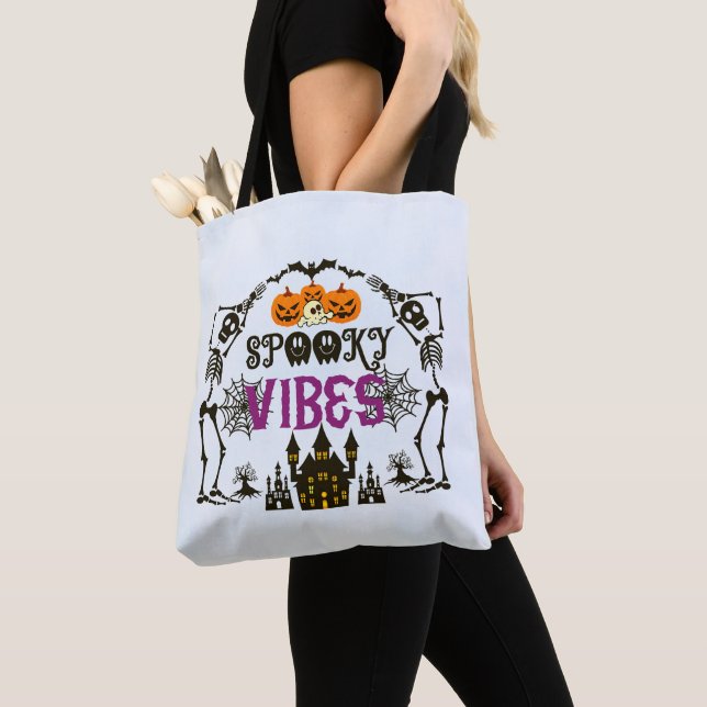 Light Blue Spooky Vibes Halloween Tote Bag (Close Up)