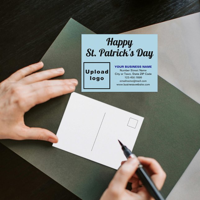Light Blue St. Patrick Business Holiday Postcard (Business brand with St. Patrick greeting on light blue holiday postcard)