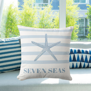 Light blue starfish stripes text coastal cushion
