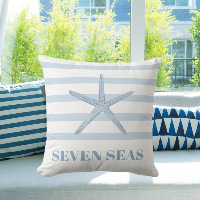Light blue starfish stripes text coastal cushion (Creator Uploaded)
