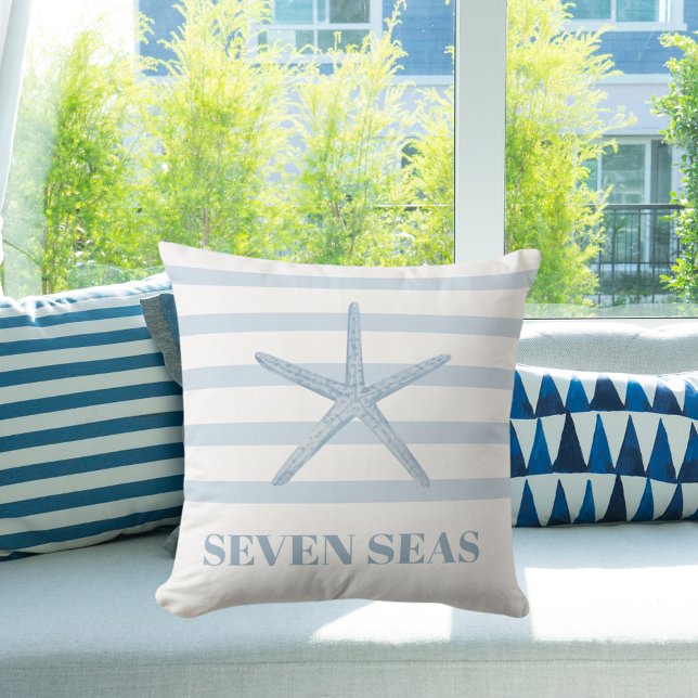 Light blue starfish stripes text coastal cushion (Creator Uploaded)