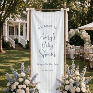 Light Blue Stripe Elegant Script Baby Shower Banner