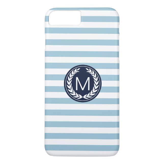 Light Blue Stripe with Navy Laurel Wreath Monogram Case-Mate iPhone Case (Back)