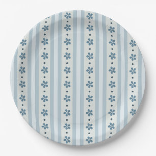 Light Blue Stripes And Flowers Paper Plate