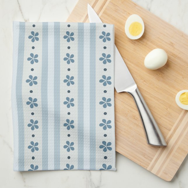 Light Blue Stripes And Flowers Tea Towel (Quarter Fold)