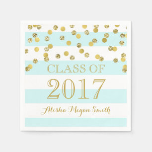 Light Blue Stripes Gold Confetti 2017 Graduation Napkin