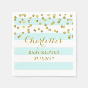 Light Blue Stripes Gold Confetti Baby Shower Napkin