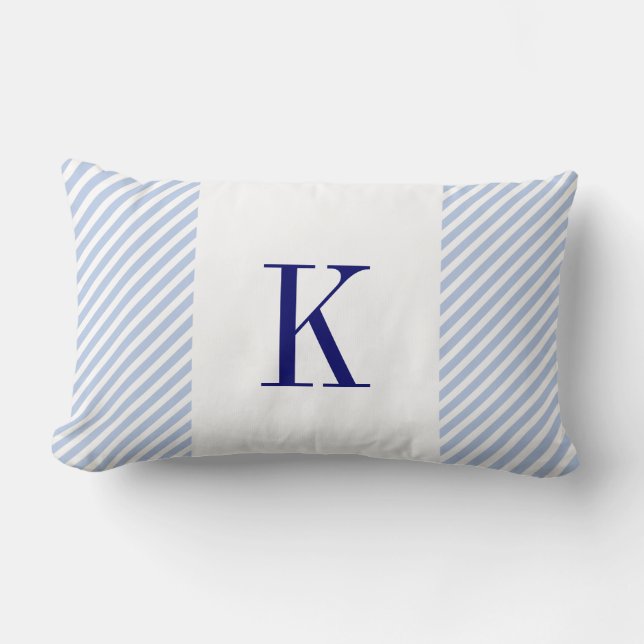 Light Blue Stripes Navy Blue Monogram Lumbar Cushion (Front)