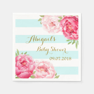 Light Blue Stripes Pink Floral Baby Shower Napkins