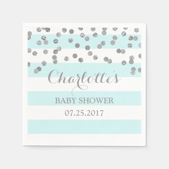 Light Blue Stripes Silver Confetti Baby Shower Napkin (Front)