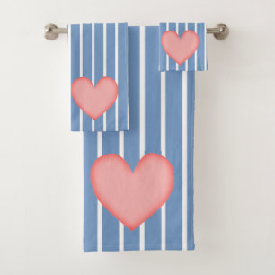 Light Blue Stripes w/Pink Heart Bath Towel Set