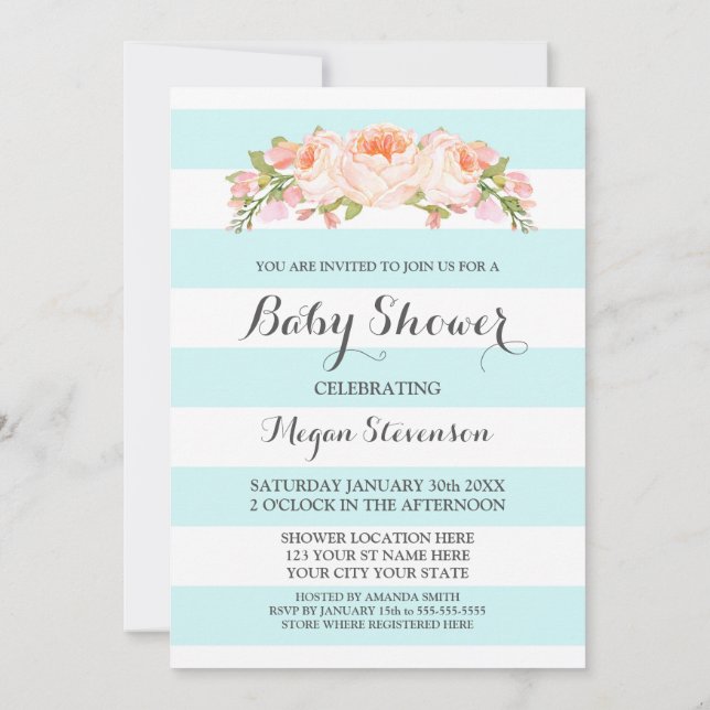 Light Blue Stripes Watercolor Floral Baby Shower Invitation (Back)