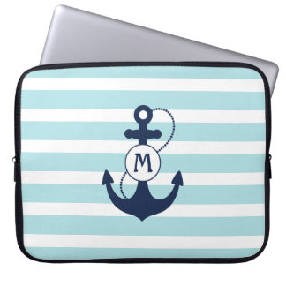 Light Blue Stripes with Anchor and Monogram Laptop Sleeve