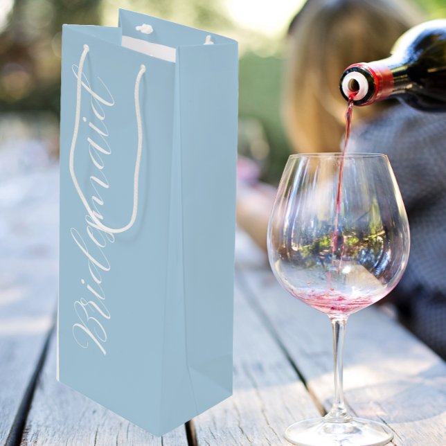 Light Blue Stylised Script Wedding Bridesmaid Wine Gift Bag (In Situ)