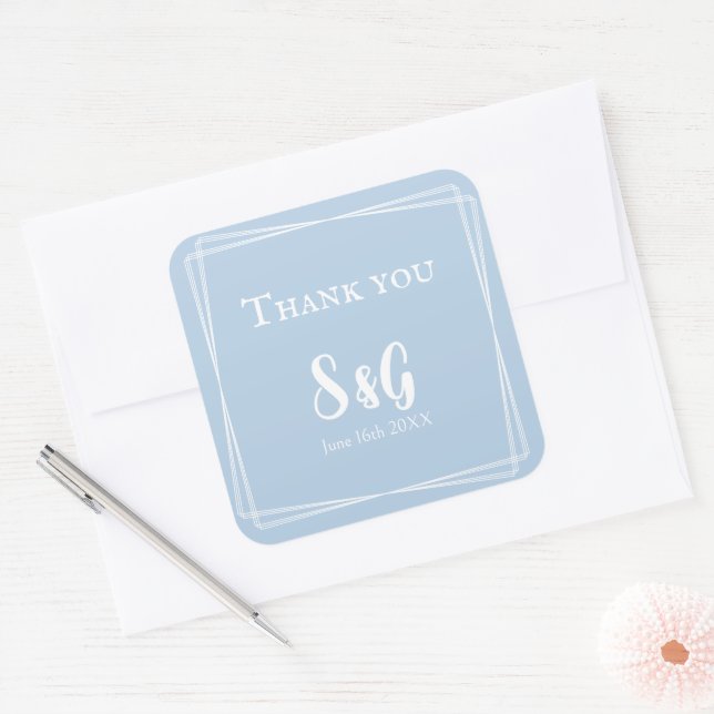 Light Blue Stylish Script Novelty Wedding Initials Square Sticker (Envelope)