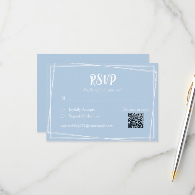 Light Blue Stylish Script QR Wedding RSVP Card (Front/Back In Situ)