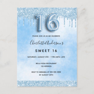 Light blue Sweet 16 16th glitter elegant luxurious Invitation Postcard